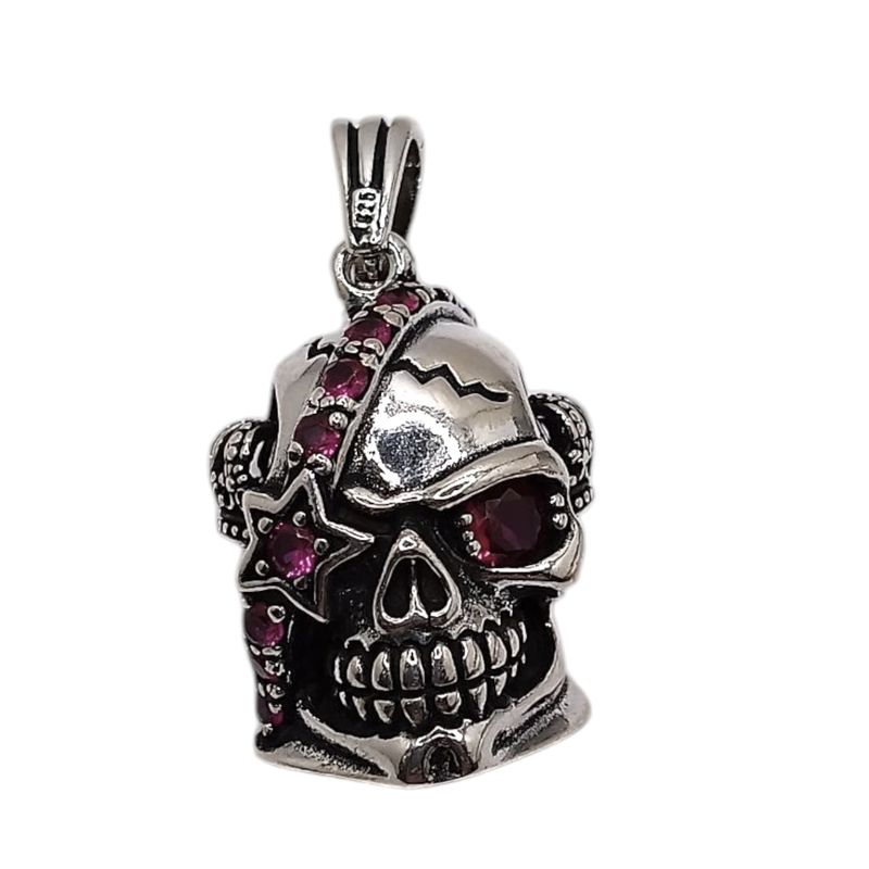 DIJE CALAVERA CZ ROJA LARGO TOTAL 4.5 CM PLATA .925