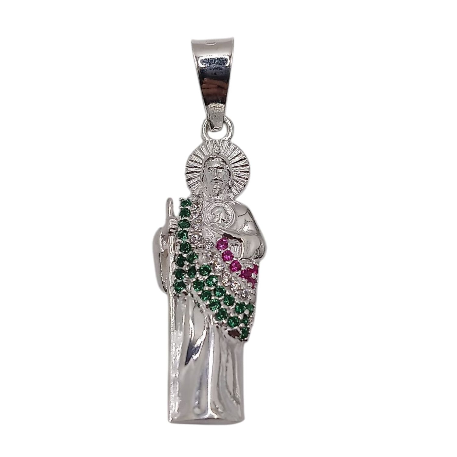 DIJE SAN JUDAS T CZ VERDE Y ROJA 3.5 CM PLATA .925