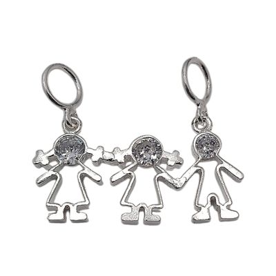 DIJE 2 NIÑAS Y 1 NIÑO CZ BCA, 2 CM  PLATA .925