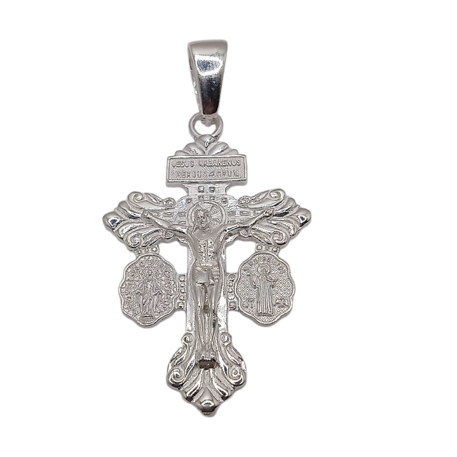 DIJE CRUZ CON MEDALLONES V MILAGROS Y SAN BENITO 5.5cm PLATA .925