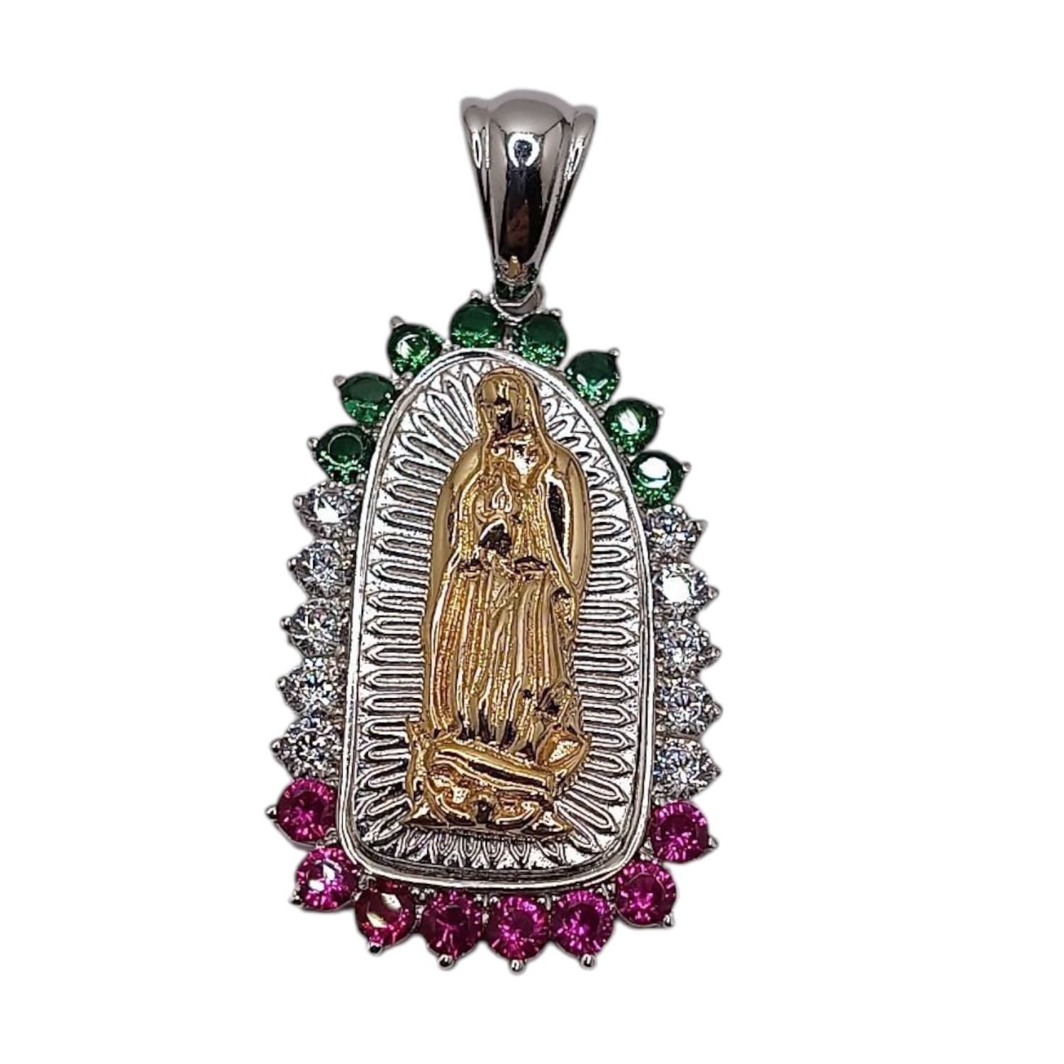 MEDALLA VIRGEN DE GPE CZ TRICOLOR IMAGEN DORADA  4.5 CM LARGO TOTAL  Plata 925