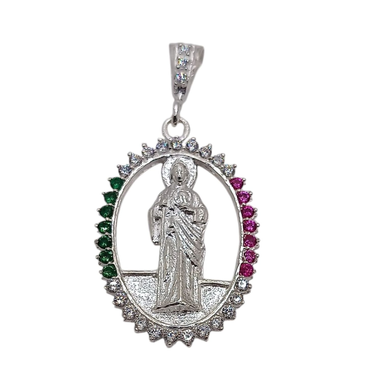 DIJE JESUS CON COLORES DE BANDERA 5  CM LARGO TOTAL  PLATA .925