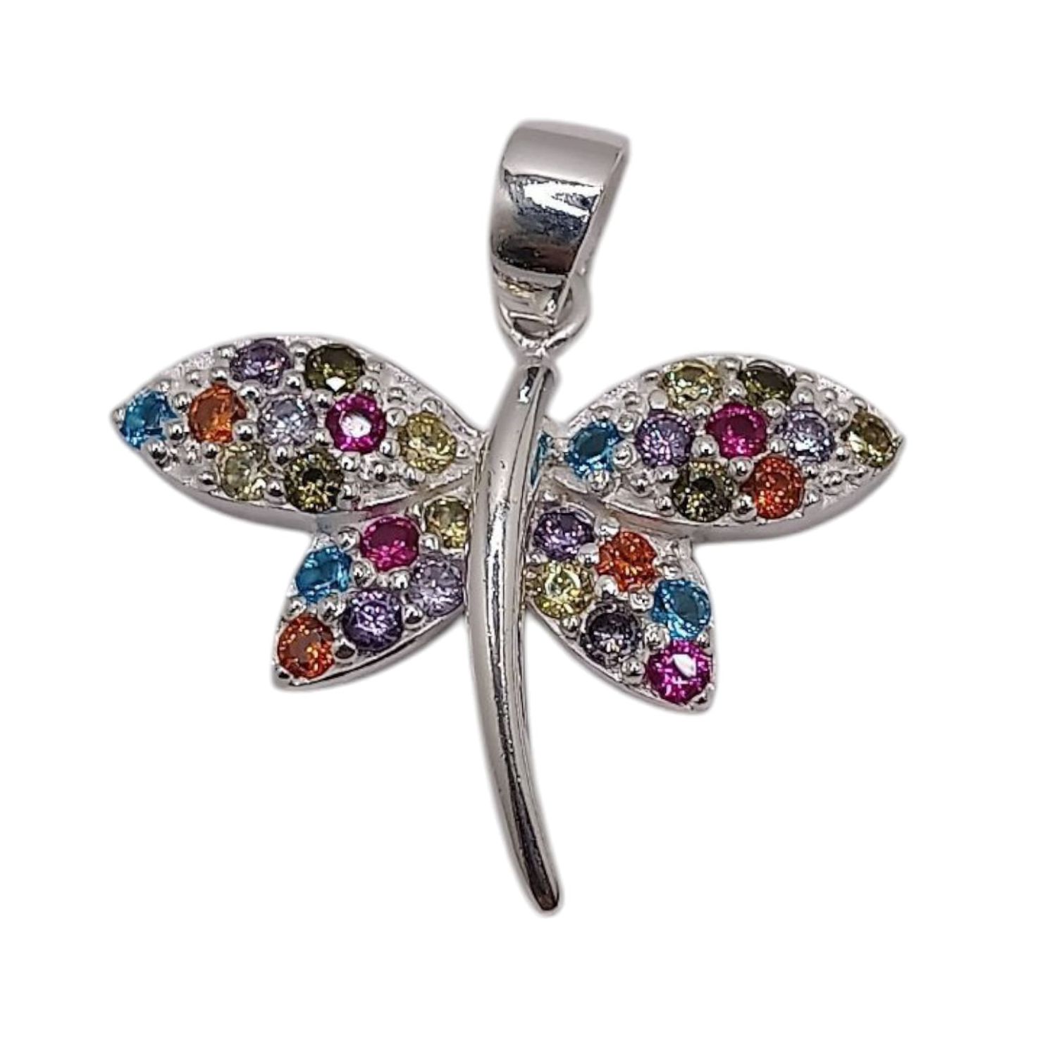 DIJE LIBELULA  2.5 CM LARGO TOTAL CON CZ MULTICOLOR EN PLATA 925