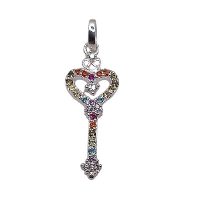 DIJE LLAVE DE CORAZON 3 CM MULTICOLOR EN PLATA 925