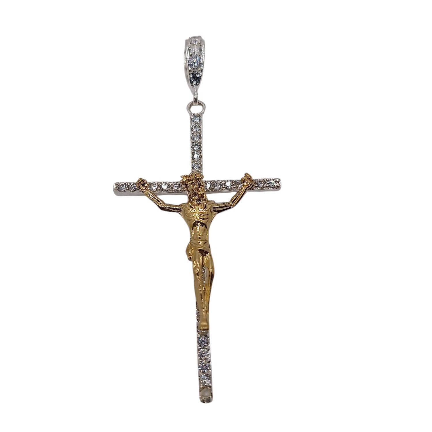 DIJE CRUZ CON CZ Y CRISTO  CHAPA 6.5 CM LARGO TOTAL  PLATA .925