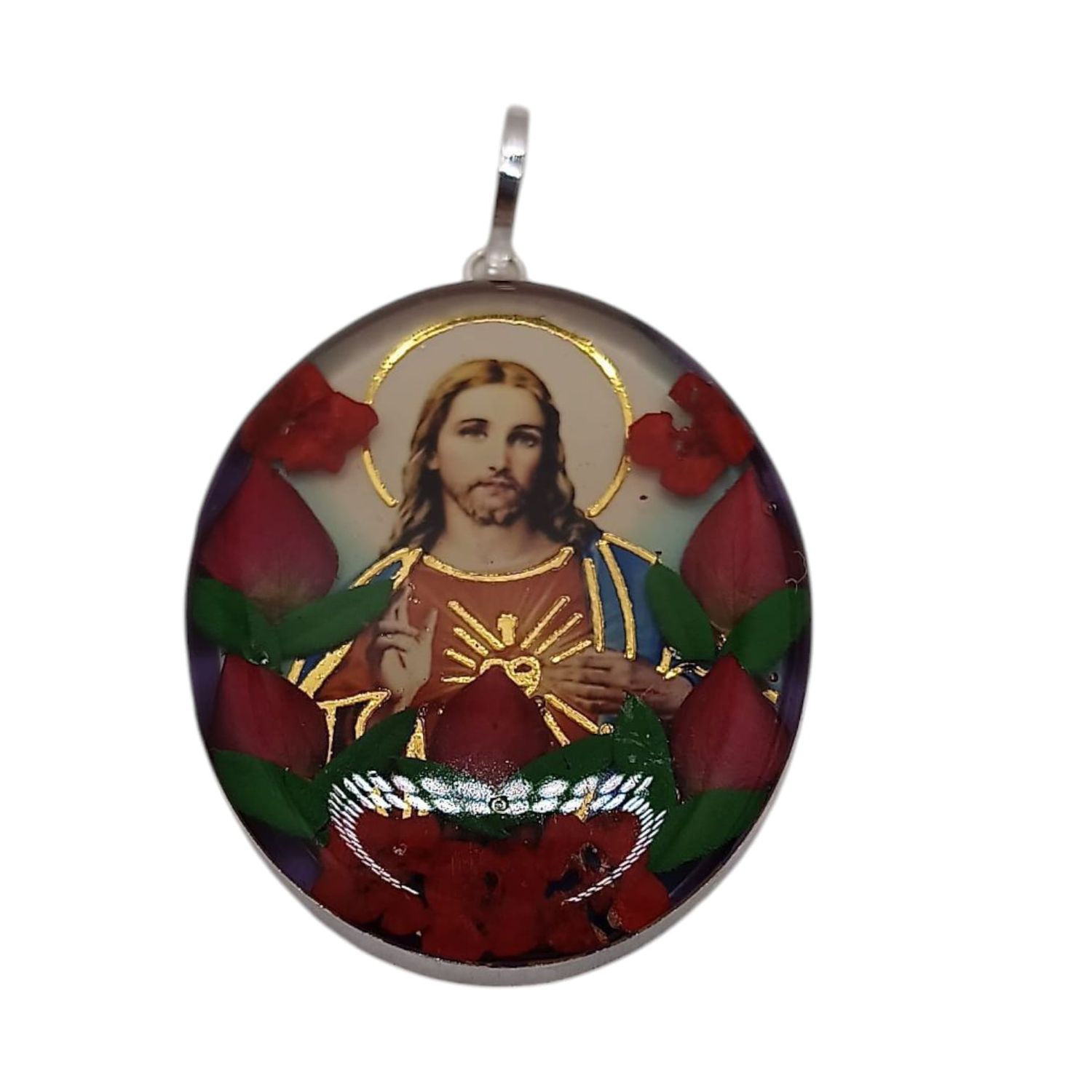 MEDALLON SAGRADO CORAZON 4 CM NATURALEZA MUERTA PLATA .925