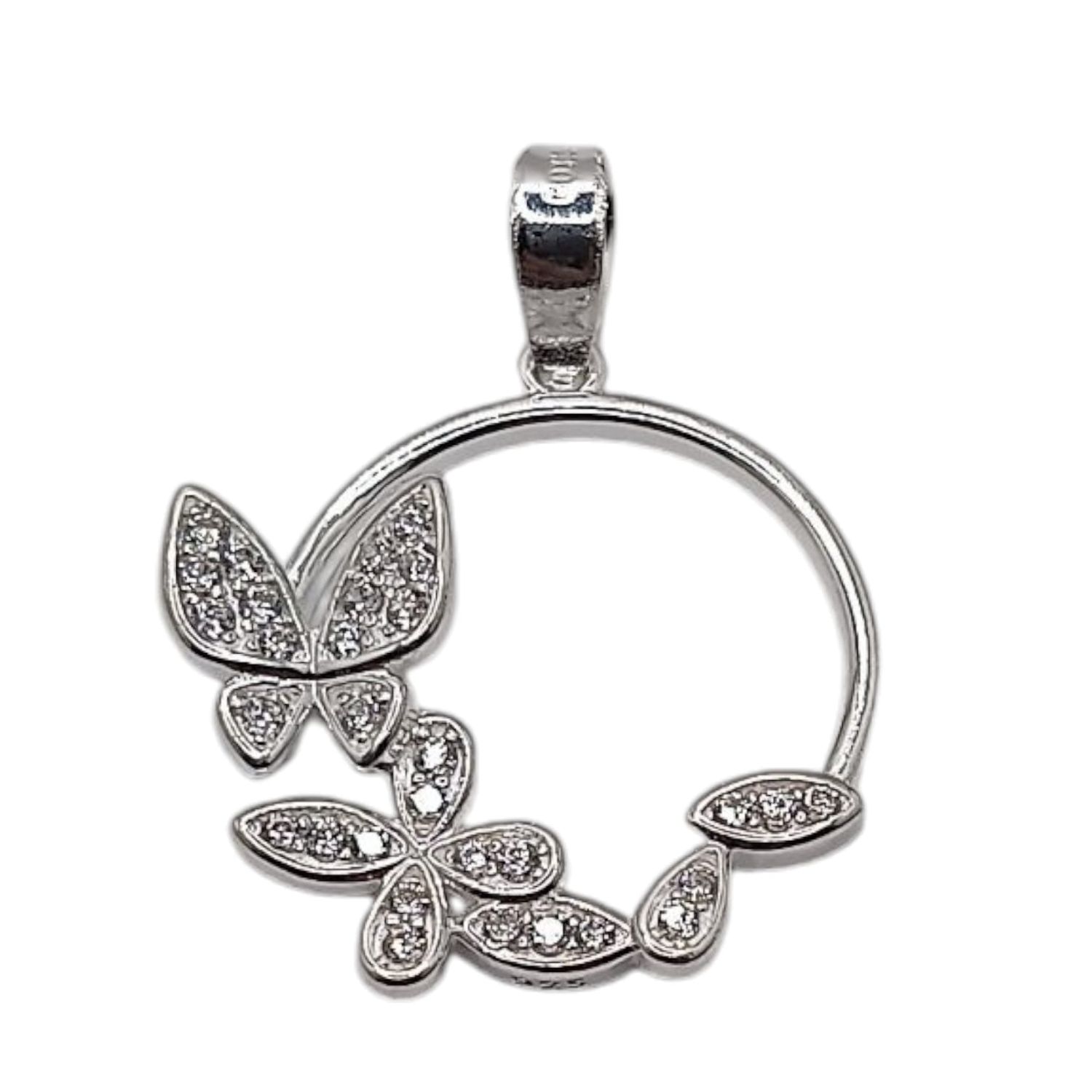 DIJE CIRCULO CON MARIPOSAS 2.5 CM LARGO TOTAL, PLATA .925