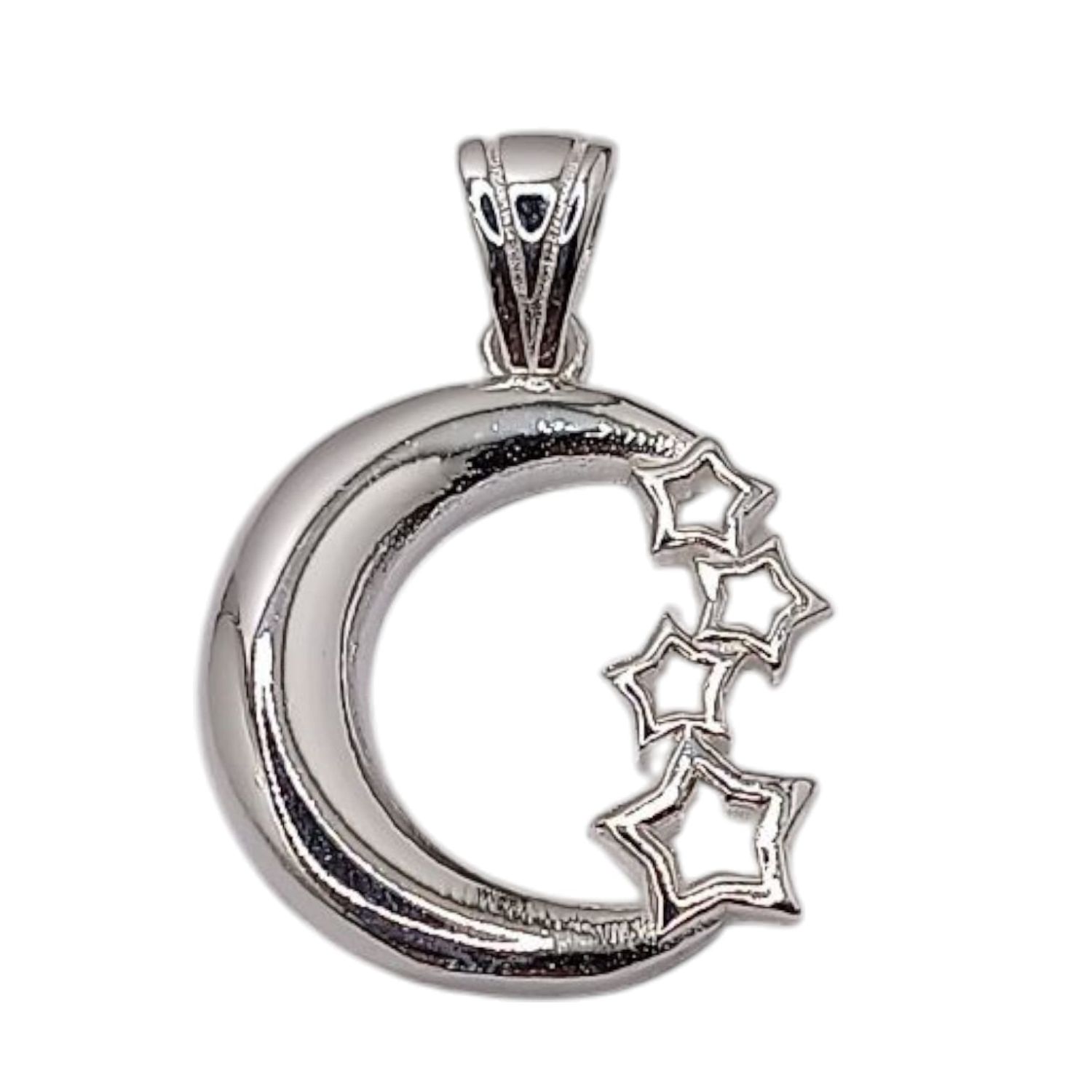DIJE LUNA CON ESTRELLAS 2.5 CM LARGO TOTAL PLATA .925