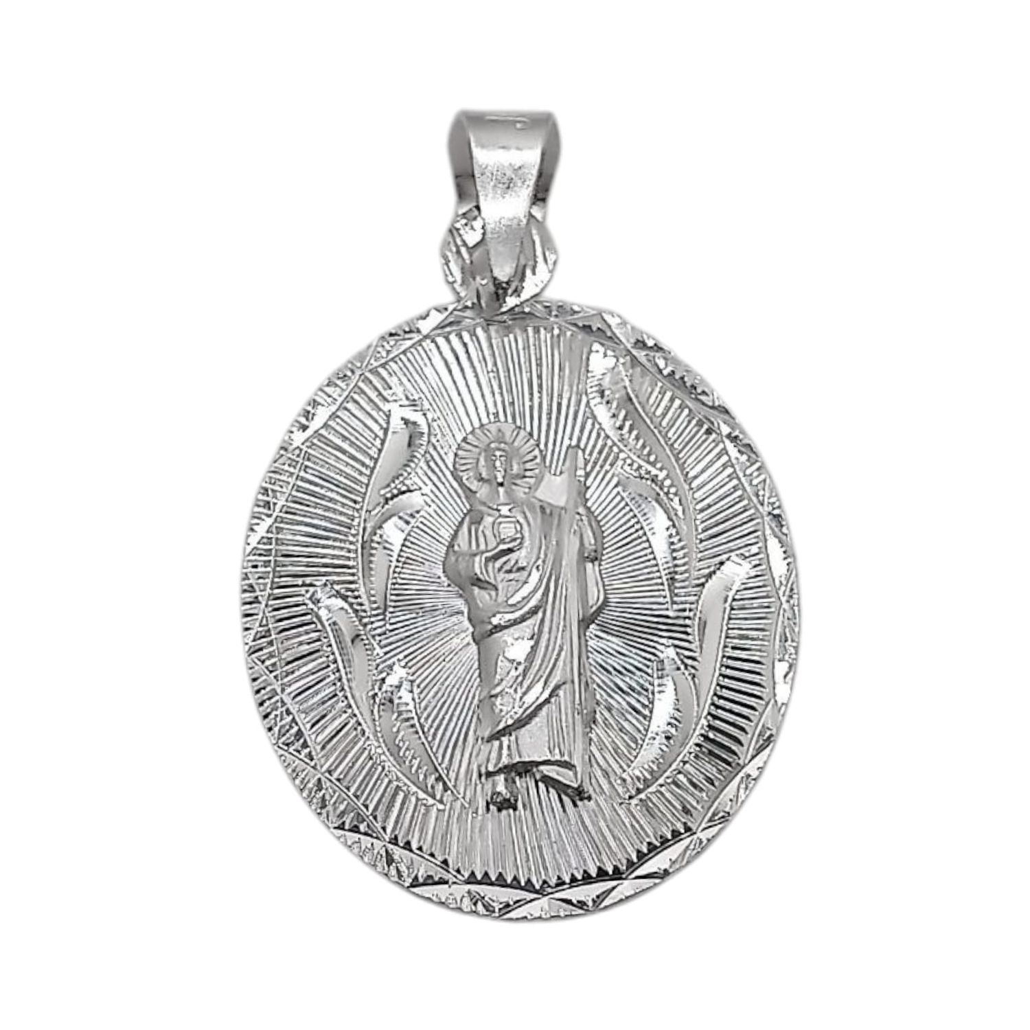 MEDALLA  SAN JUDAS T OVALADA , DIAMANTADA 3.5 CM LARGO TOTAL, PLATA .925