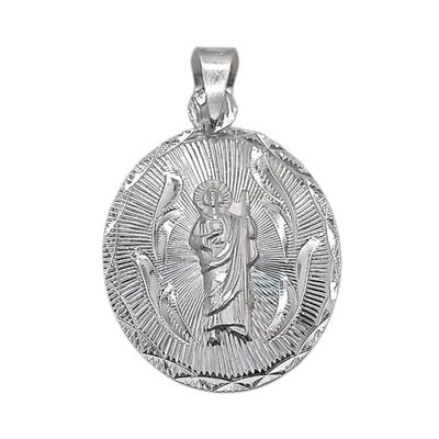 MEDALLA  SAN JUDAS T OVALADA , DIAMANTADA 3.5 CM LARGO TOTAL, PLATA .925
