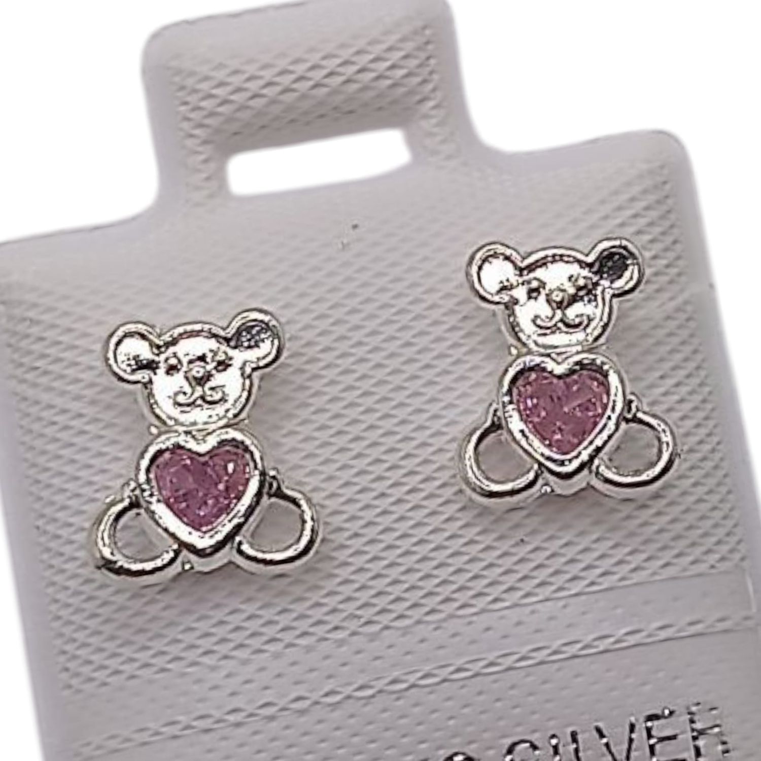 BROQUEL OSITO CORAZON ROSA, BROCHE BOLITA, PLATA .925