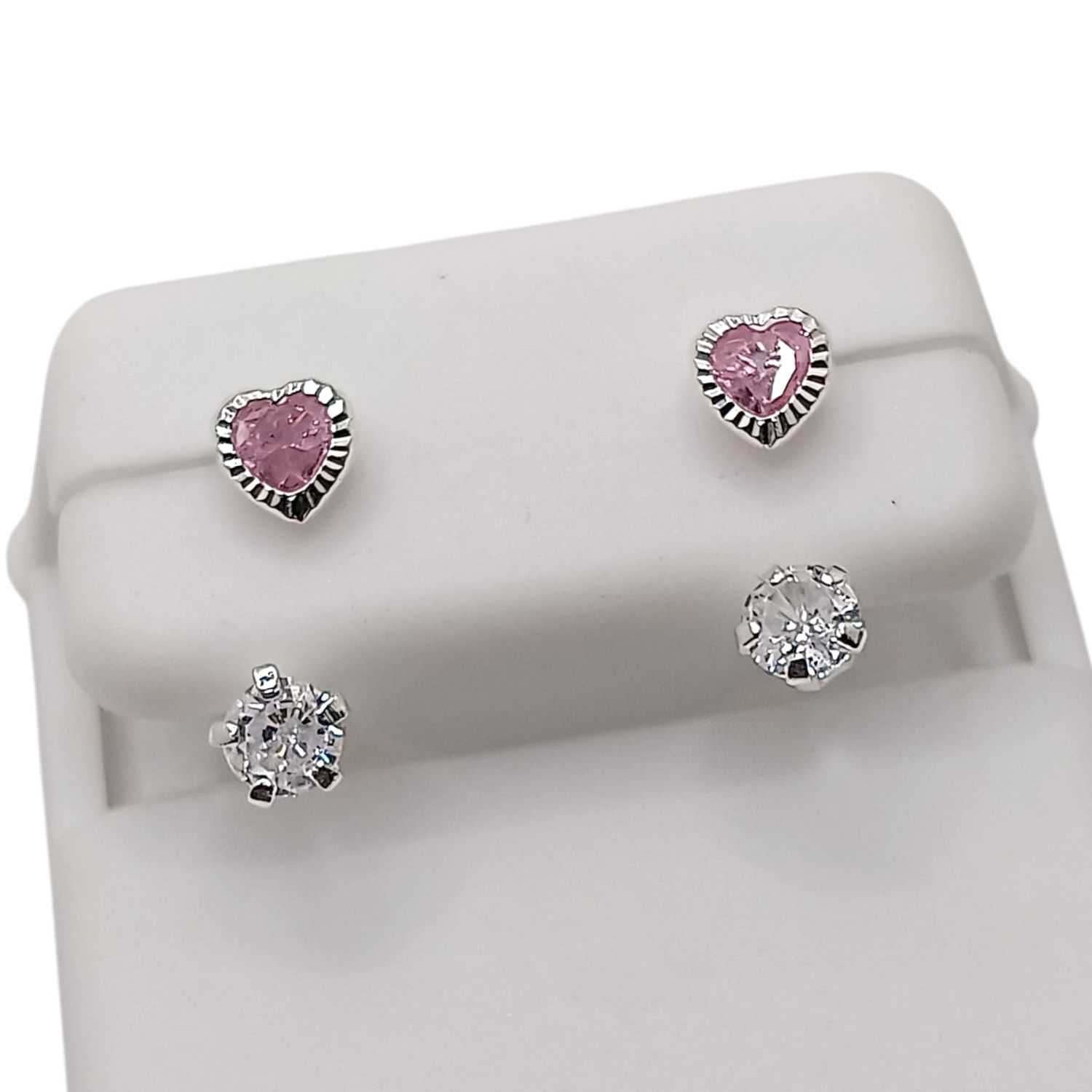 BROQUEL CURVO CORAZON BISEL CZ ROSA Y BCA, PLATA .925