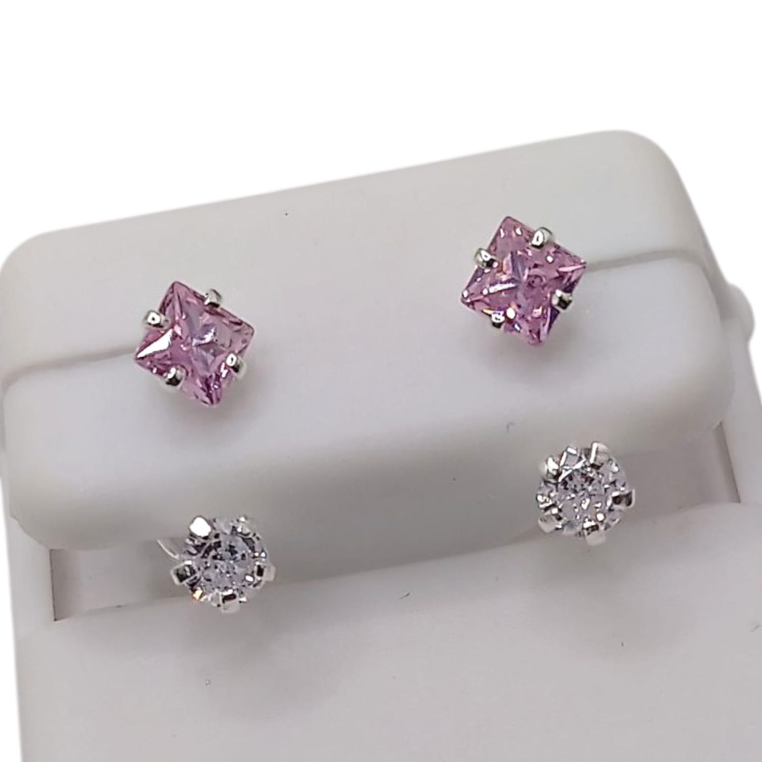 BROQUEL CURVO ROMBO CZ ROSA Y BCA, PLATA .925