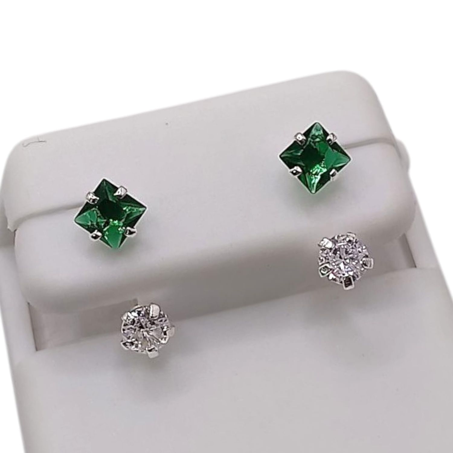 BROQUEL CURVO ROMBO CZ VERDE Y BCA, PLATA .925