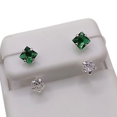 BROQUEL CURVO ROMBO CZ VERDE Y BCA, PLATA .925