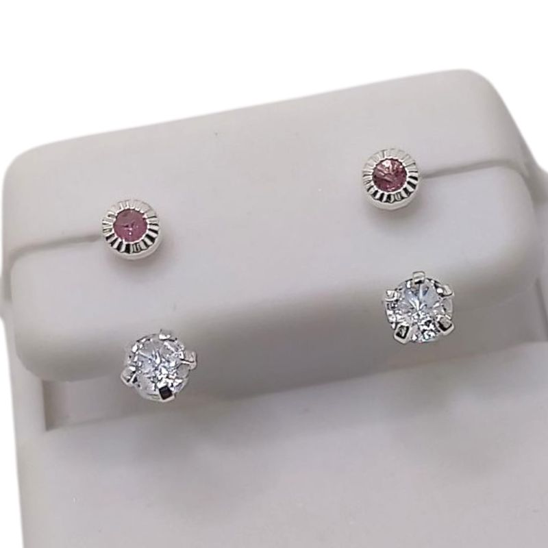 BROQUEL CURVO CZ ROSA Y BCA CON BISEL DIAMANTADO, PLATA .925