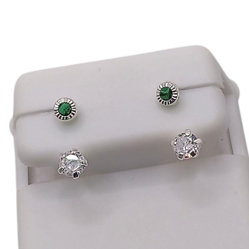 BROQUEL CURVO CZ VERDE Y BCA CON BISEL DIAMANTADO, PLATA  .925