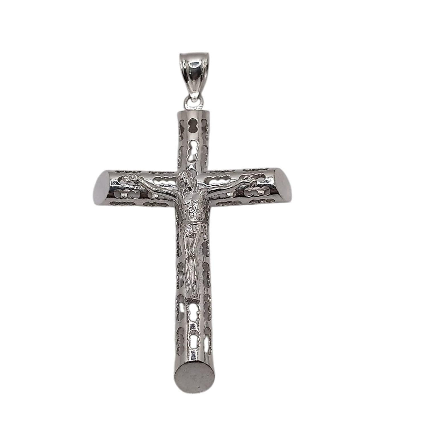 DIJE CRUZ HUECA CON CRISTO 7.5 CM LARGO TOTAL CON ASA, PLATA .925