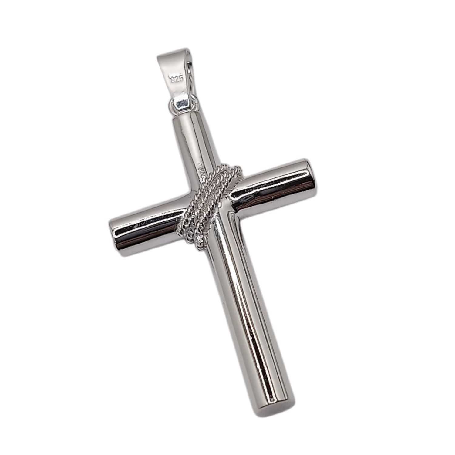 DIJE CRUZ TUBO  CON CUERDA  5 CM LARGO TOTAL CON ASA, PLATA .925