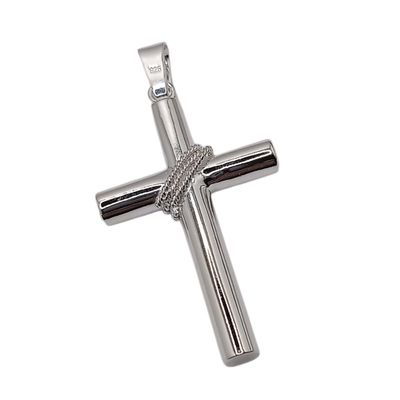 DIJE CRUZ TUBO  CON CUERDA  5 CM LARGO TOTAL CON ASA, PLATA .925