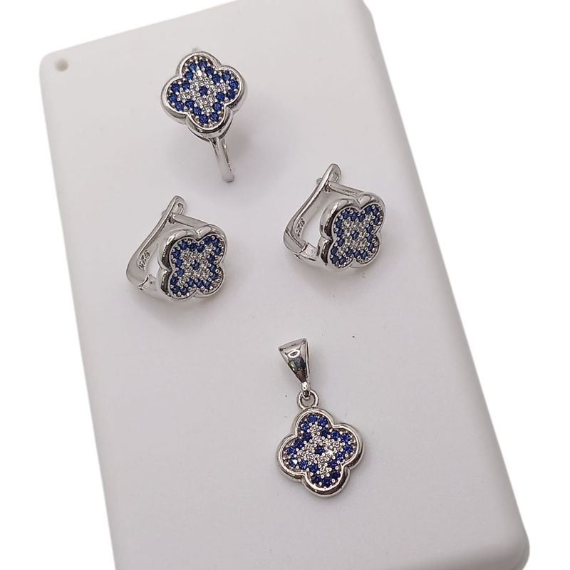 SET TREBOL AZUL MARINO ARETES, DIJE Y ANILLO# 7 PLATA .925