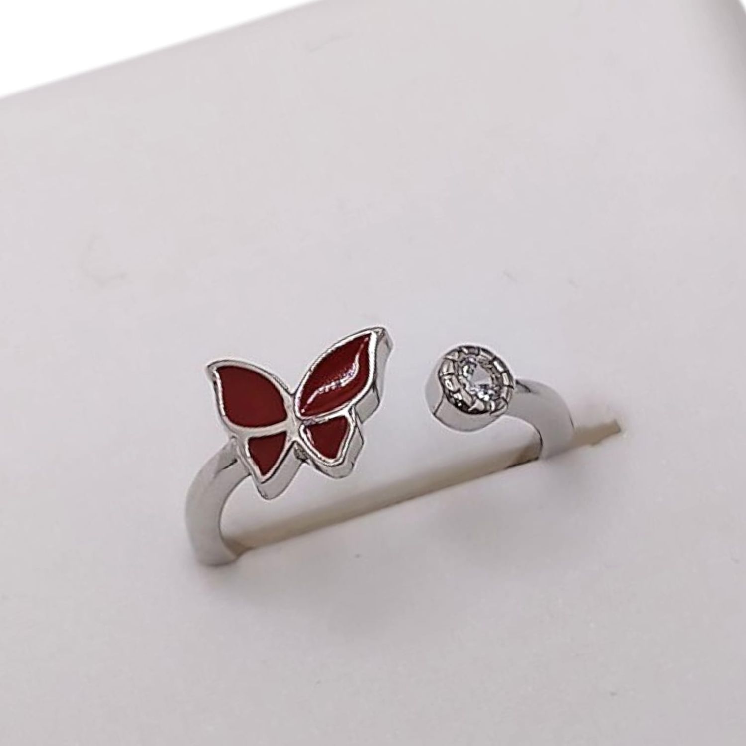 ANILLO MARIPOSA AJUSTABLE COLOR ROJO PLATA .925