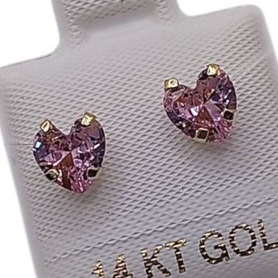 BROQUEL CORAZON ROSA #6 CZ ORO 14K