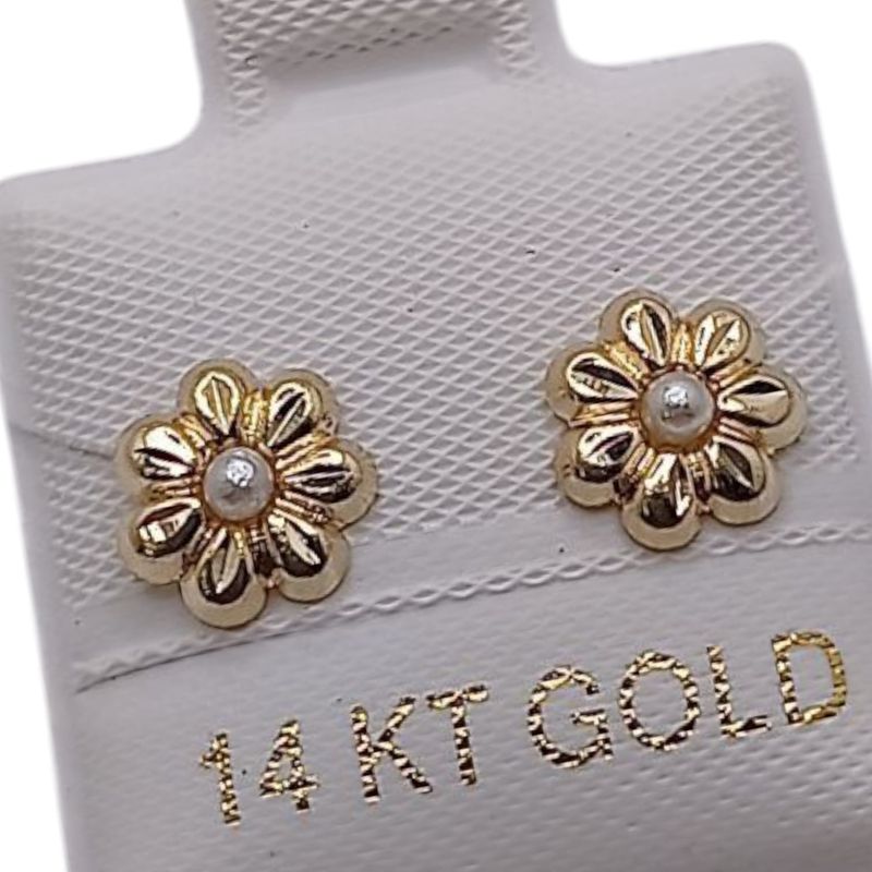 BROQUEL FLOR PERLA DIAMANTADA ORO 14K