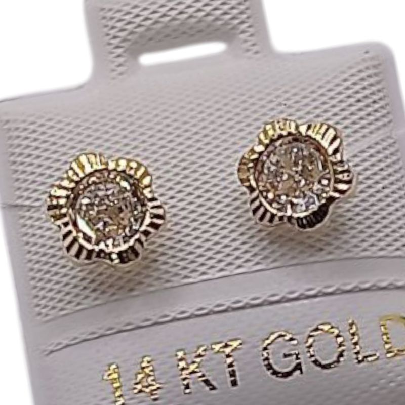 BROQUEL FLOR BISEL DIAMANTADO CZ BLANCA, ORO 14K