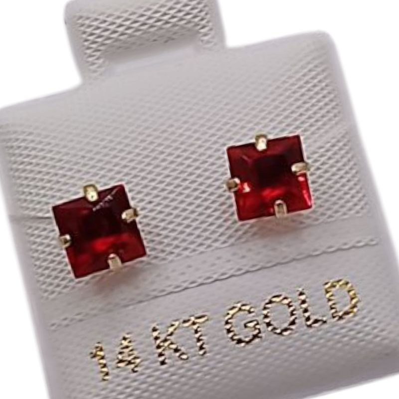 BROQUEL CUADRO CZ ROJA  5 MM, ORO 14K