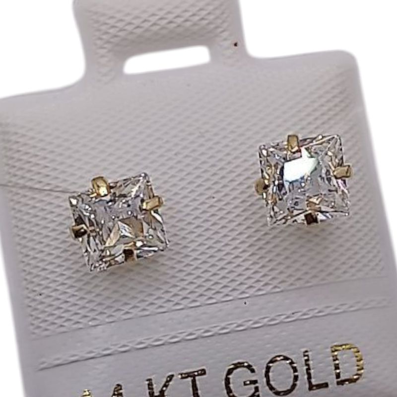 BROQUEL CUADRO CZ BLANCA 5MM ORO 14K