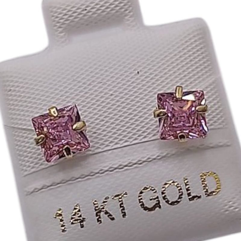 BROQUEL CUADRO 5 MM CZ ROSA, ORO 14K