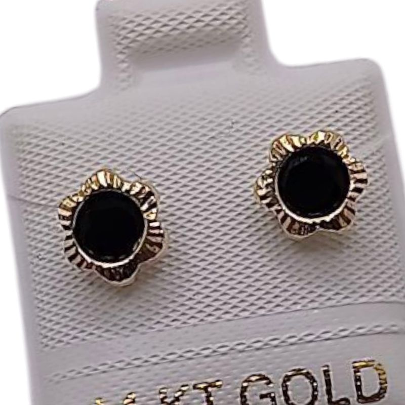 BROQUEL FLOR BISEL DIAMANTADO CZ NEGRA, ORO 14K