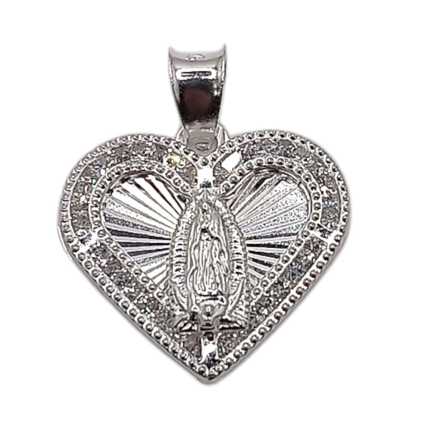 DIJE CORAZON DIAMANTADO 2 CM CON CZ Y VIRGEN DE GPE , PLATA .925