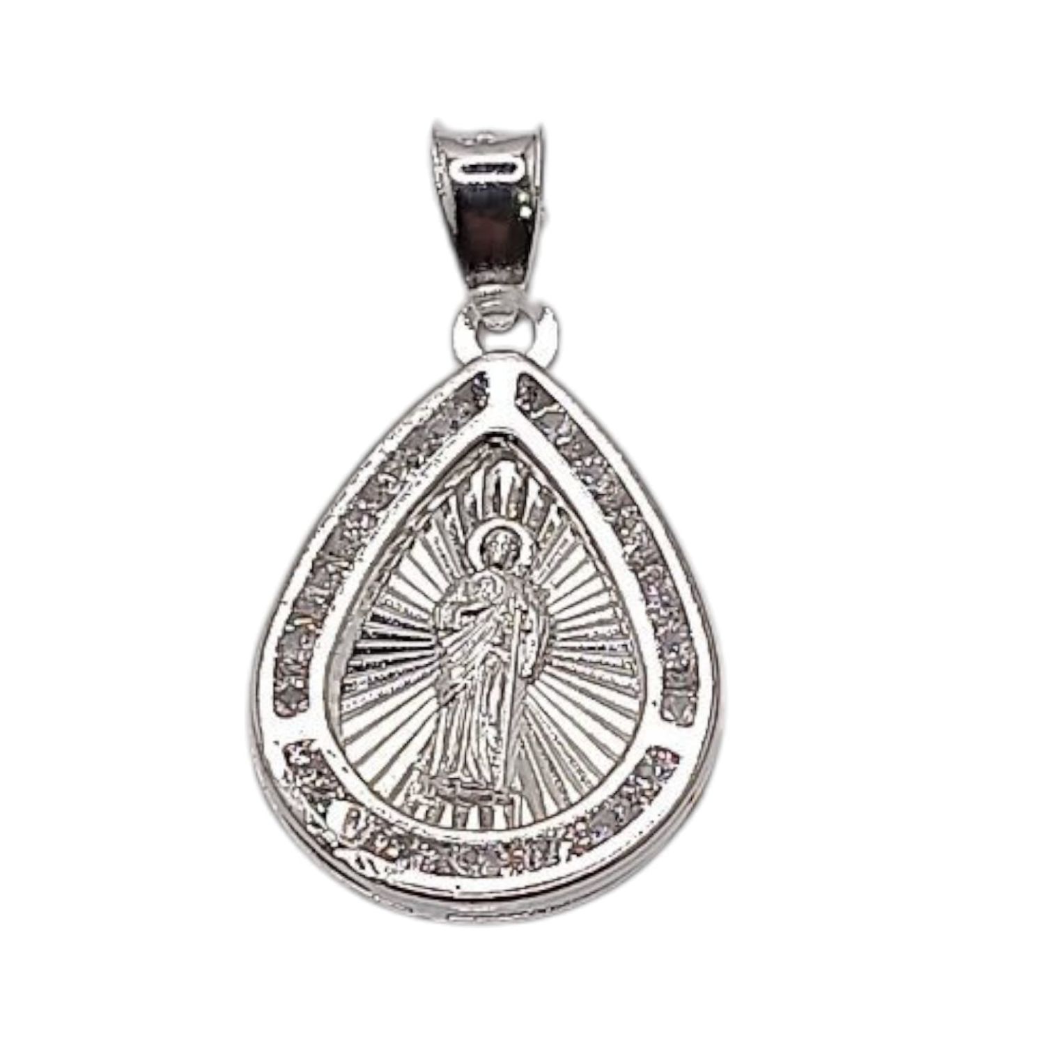 MEDALLA GOTA CON CZ SAN JUDAS TADEO 2 CM, PLATA .925