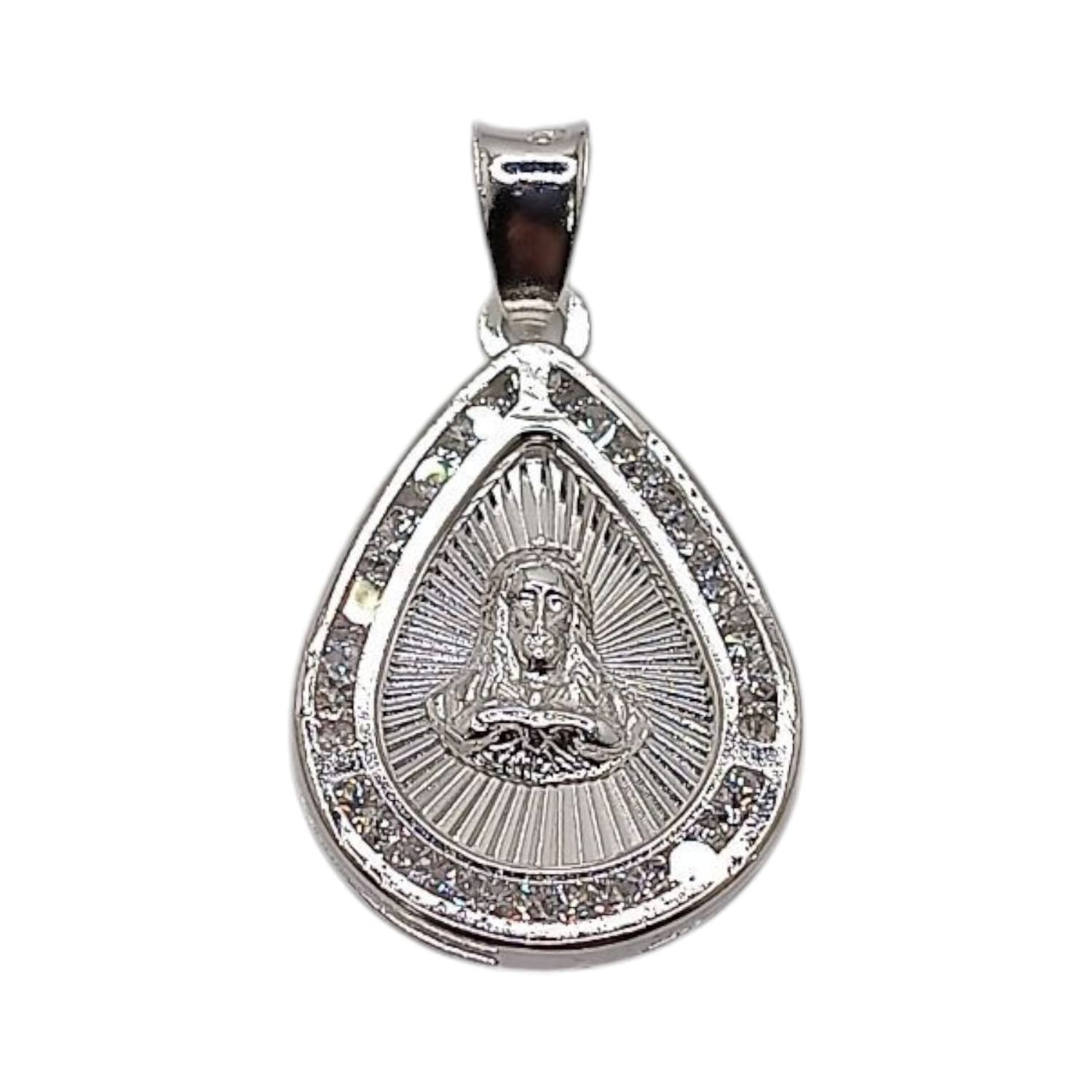 MEDALLA GOTA SAGRADO CORAZON CON CZ, 2 CM, PLATA .925