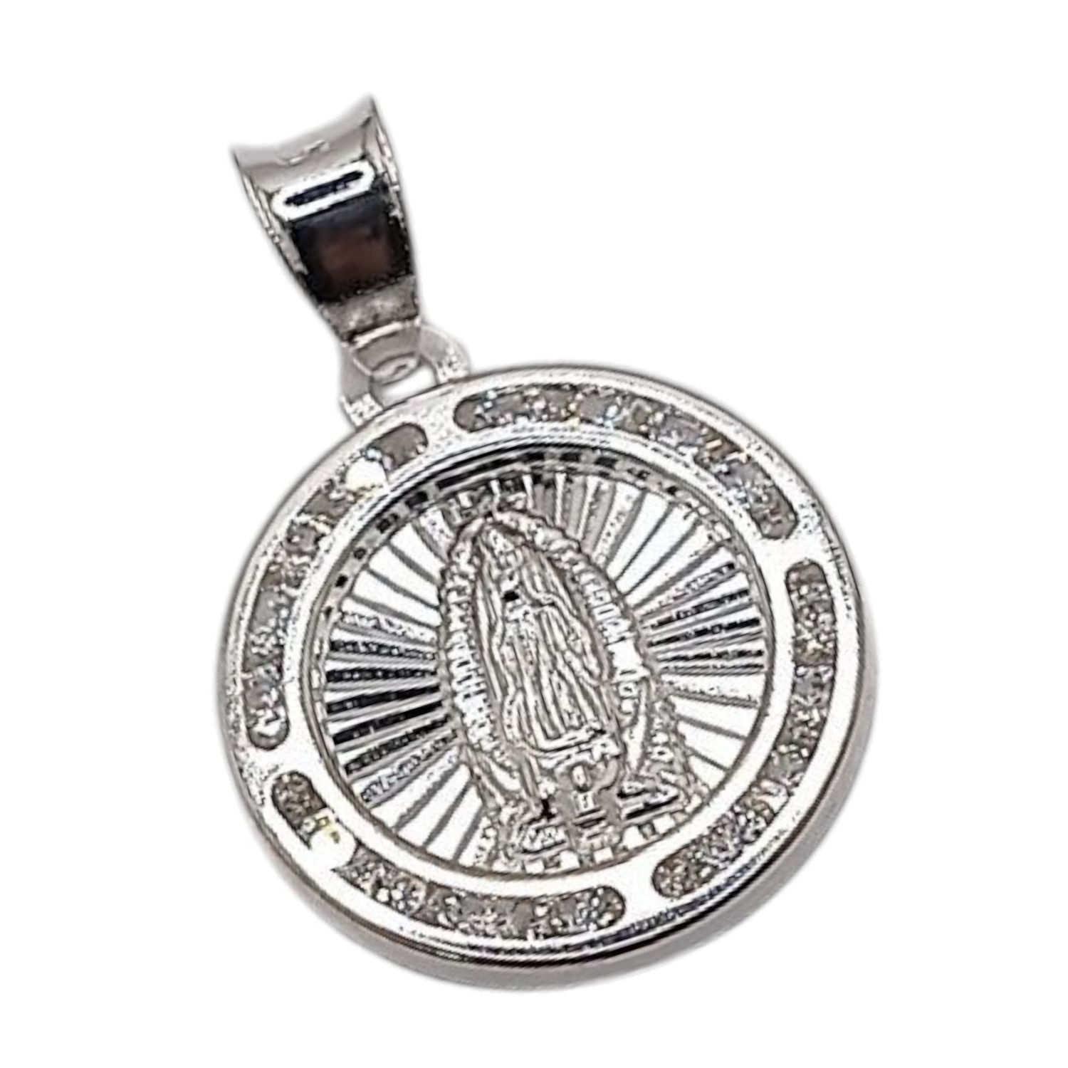 MEDALLA VIRGEN DE GPE DIAMANTADA 2 CM CON MINI CZ, PLATA .925
