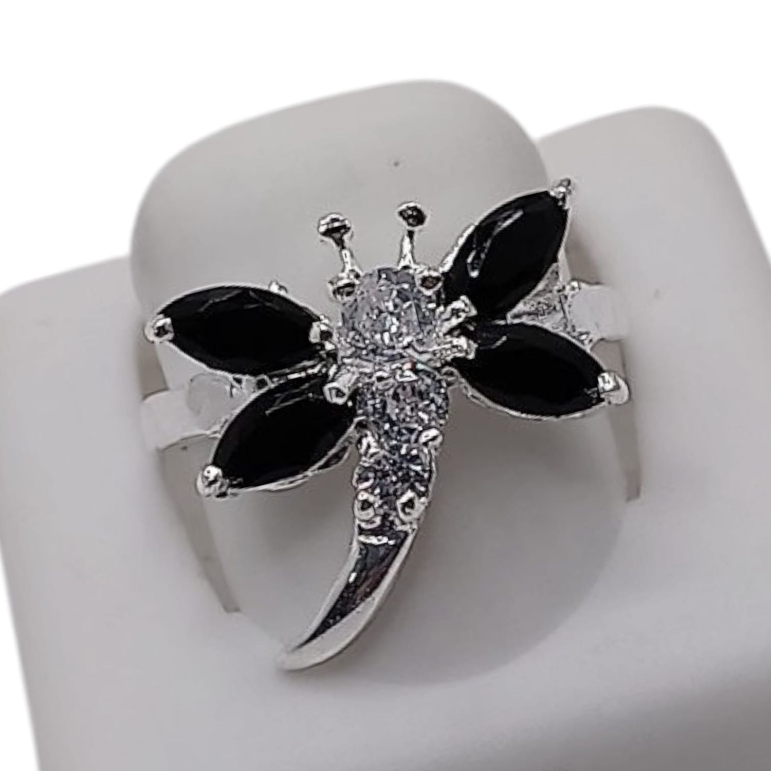 ANILLO LIBELULA CZ NEGRA  VARIAS MEDIDAS  PLATA .925