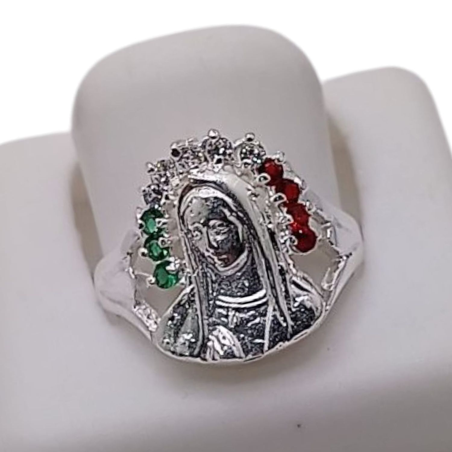 ANILLO VIRGEN DE GPE CZ TRICOLOR, VARIAS MEDIDAS  PLATA .925