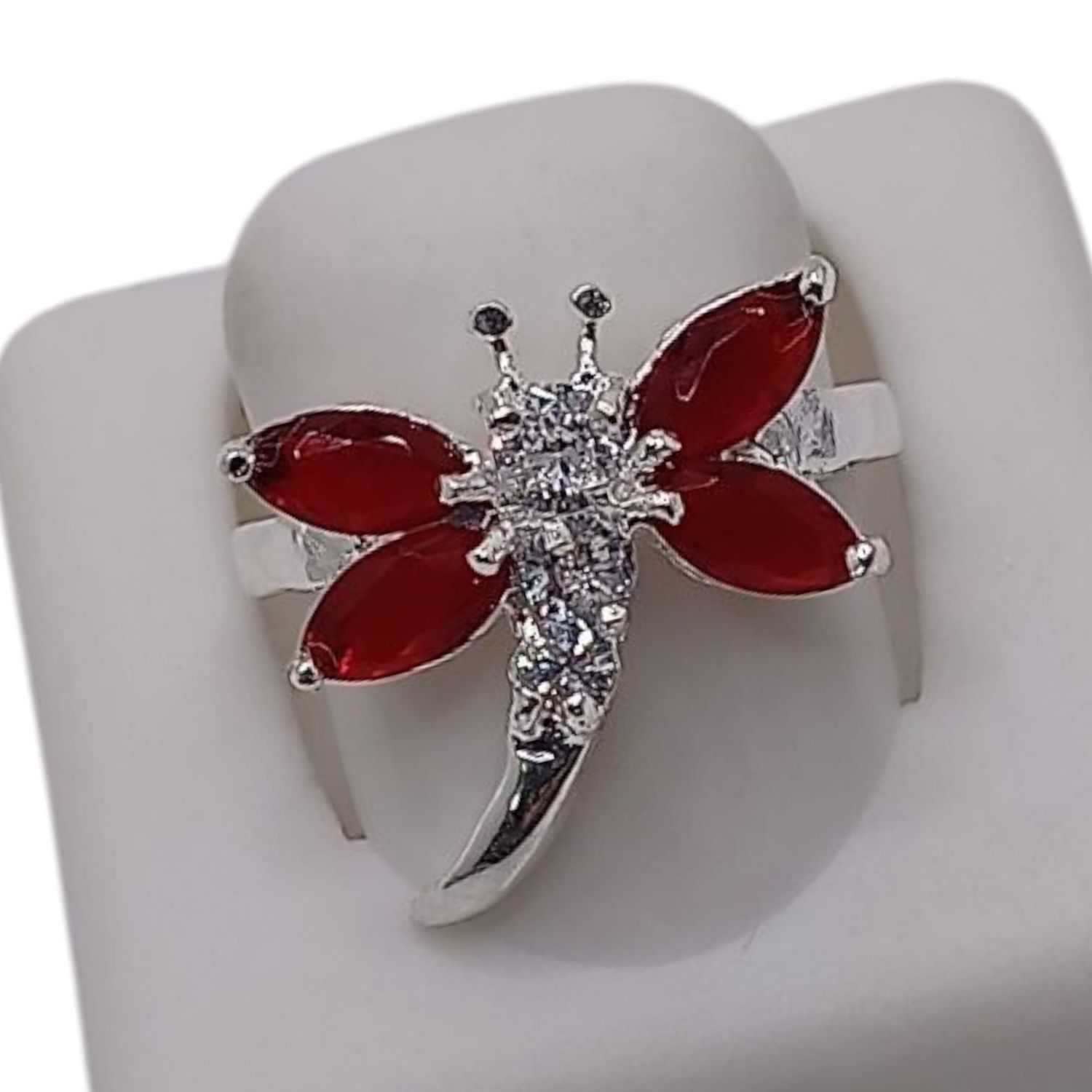 ANILLO LIBELULA CZ ROJA VARIAS MEDIDAS  PLATA .925