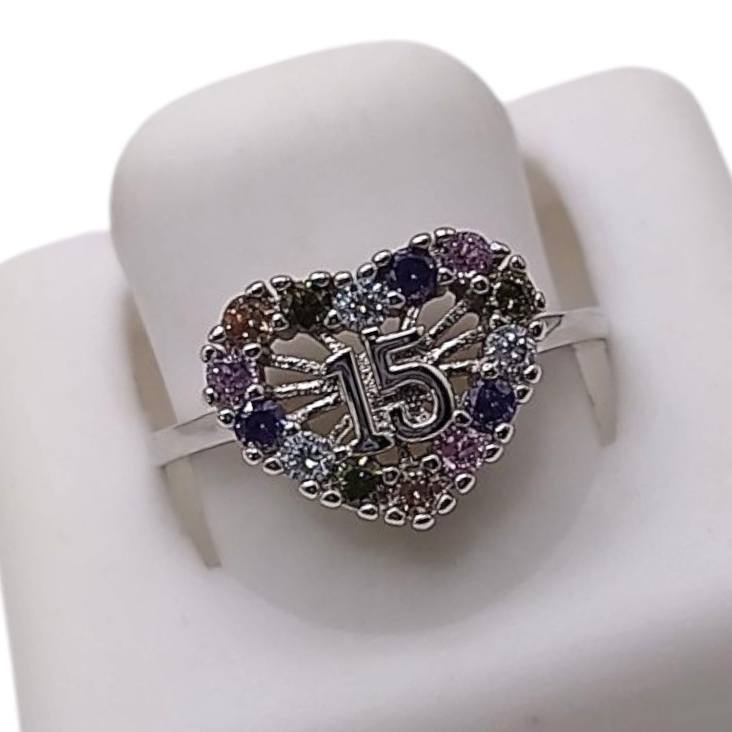 ANILLO CORAZON  QUINCE AÑOS CZ DE COLORES VARIAS MEDIDAS  PLATA .925