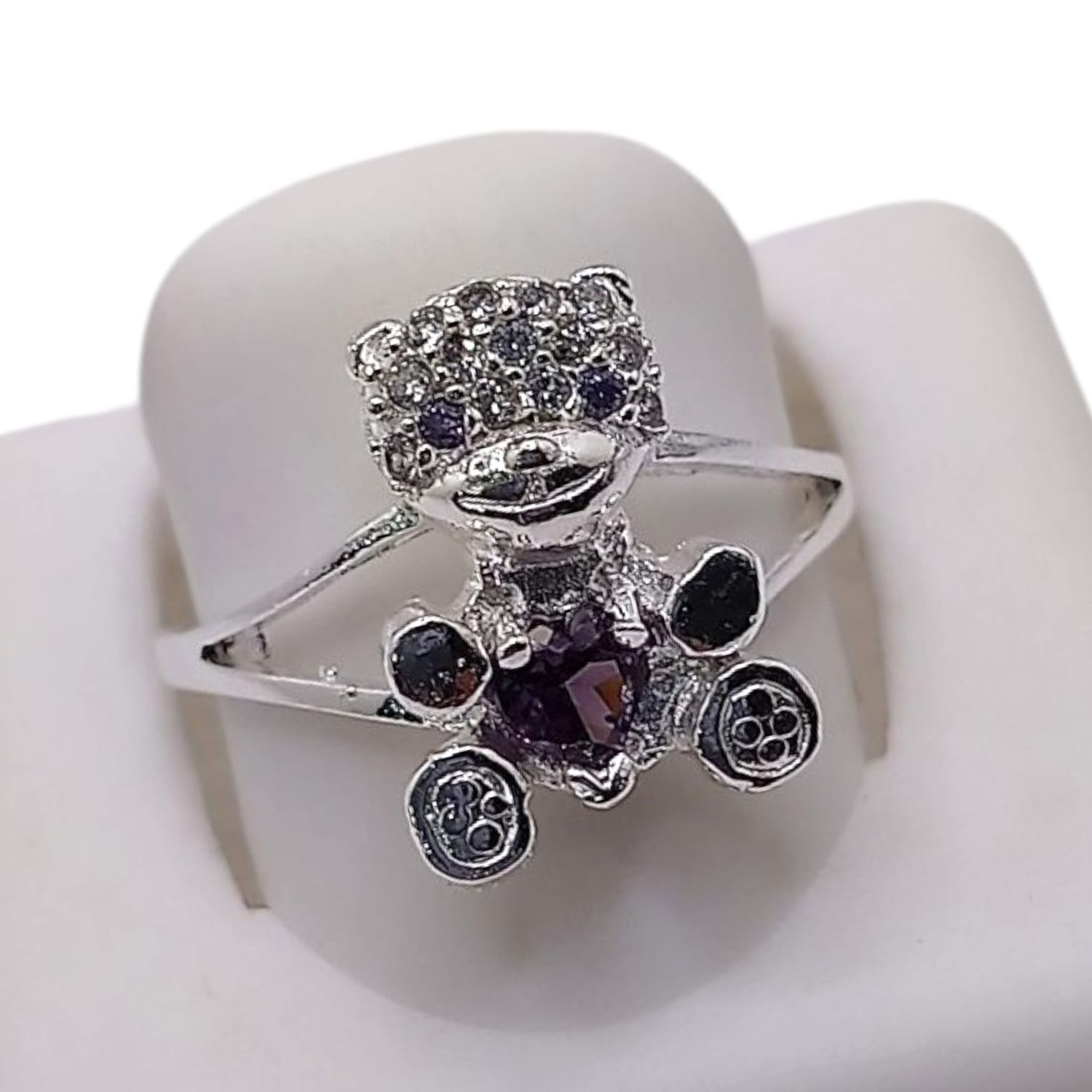 ANILLO OSITO CORAZON  CZ LILA #8 PLATA .925