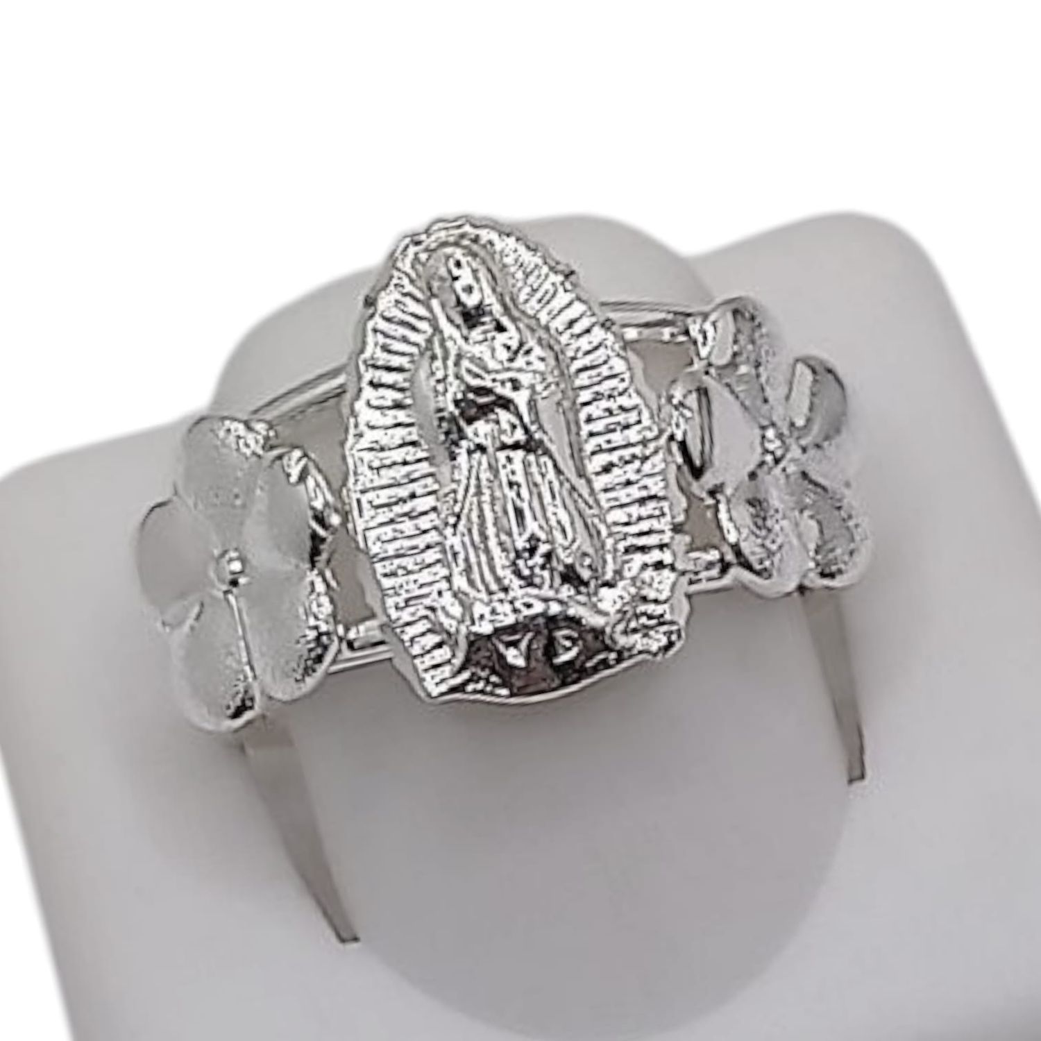 ANILLO VIRGEN  DE GPE CON FLORES ,AJUSTABLE PLATA .925