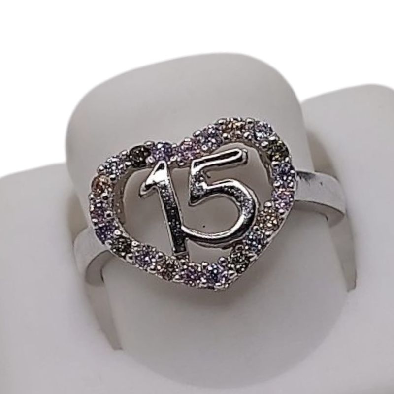 ANILLO QUINCE AÑOS CORAZON COLORES, # 7 PLATA 925 LEY