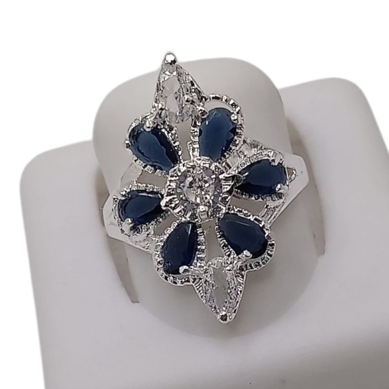 ANILLO CZ AZUL MARINO Y BCA # 7 PLATA .925