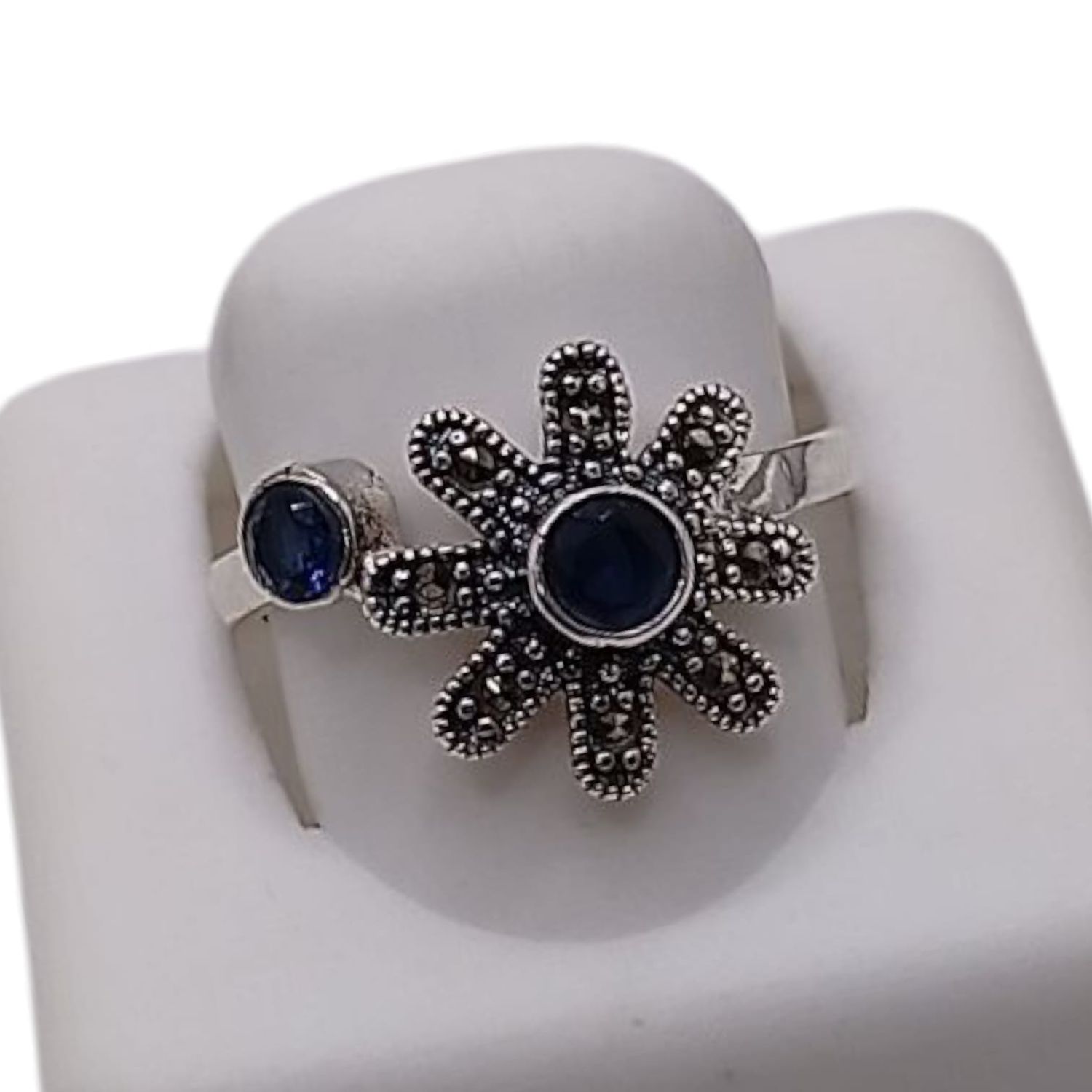 ANILLO FLOR CZ AZUL AJUSTABLE, PLATA .925