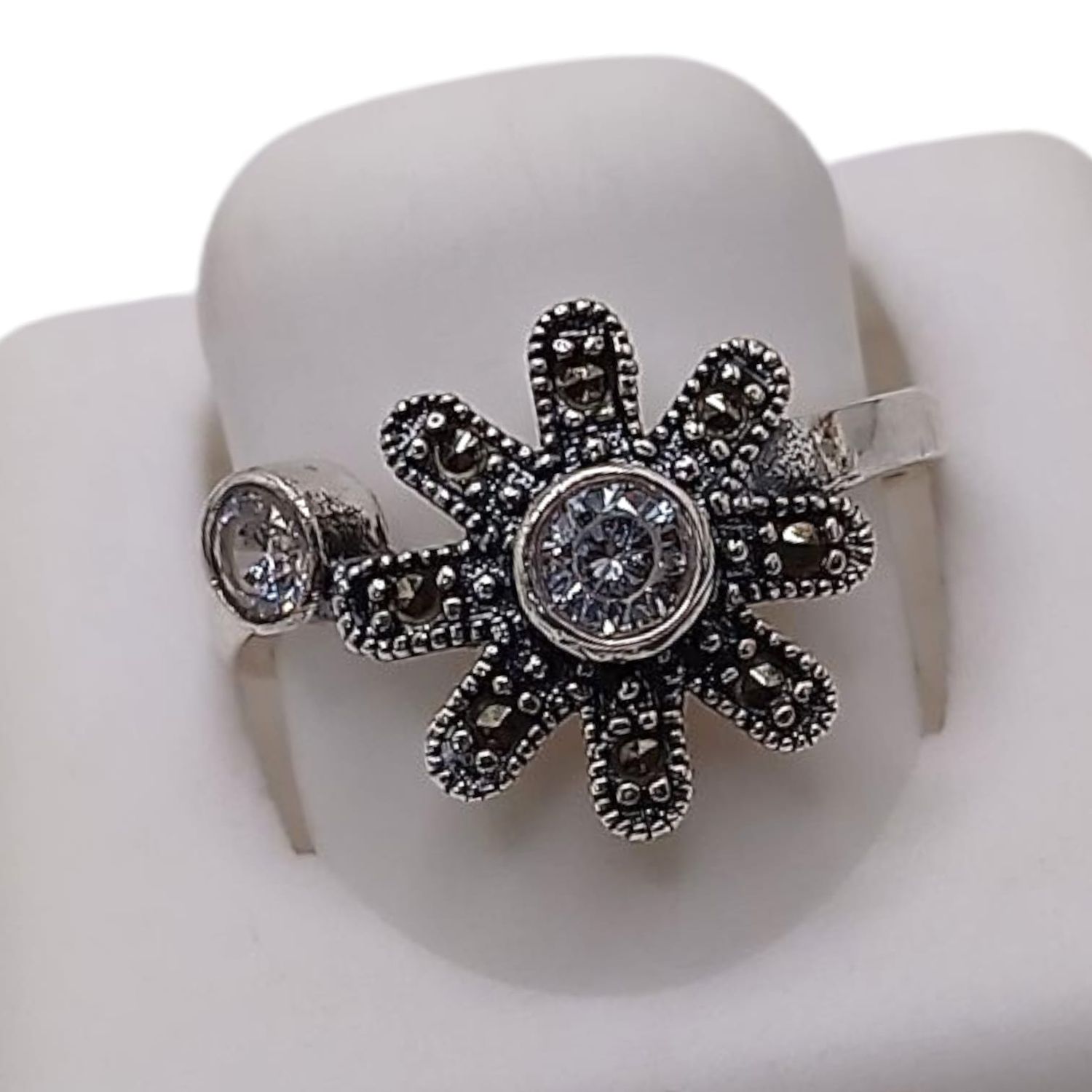 ANILLO MARQUESITA FLOR CZ BCA,   AJUSTABLE  PLATA .925