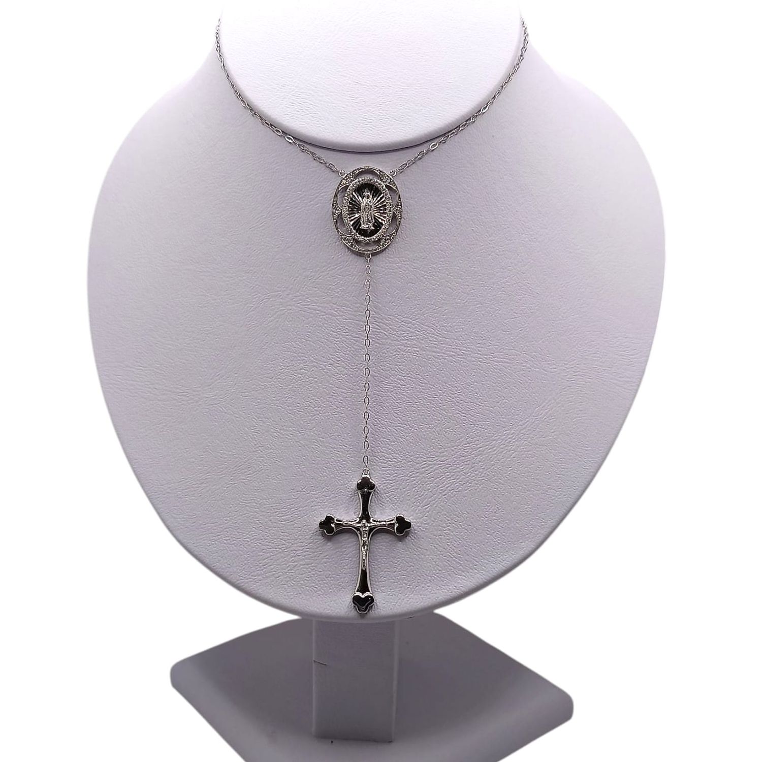 COLLAR 22 &quot; VIRGEN  DE GPE Y CRUCIFIJO CON RODIO  PLATA .925