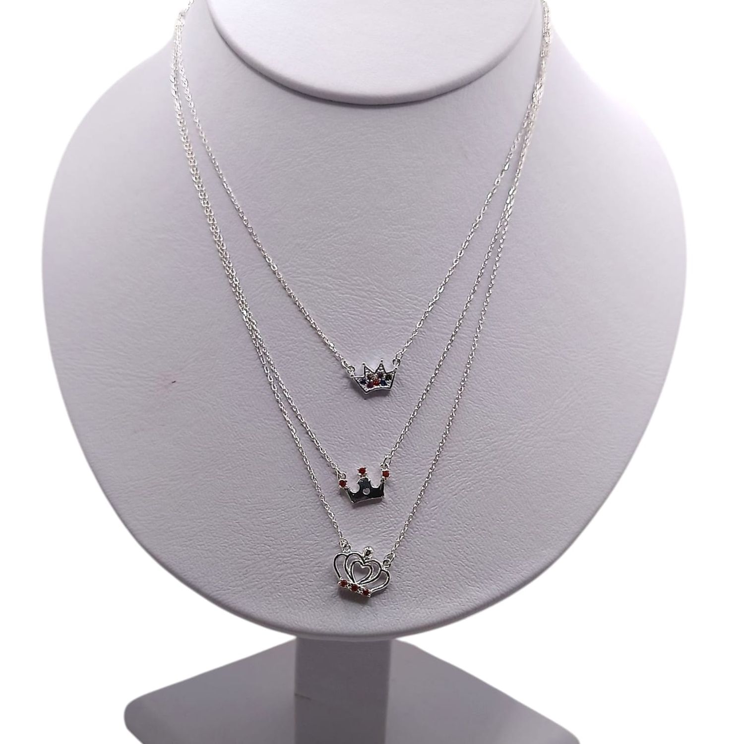 COLLAR 3 CADENAS CORONAS SUPER FANCY CZ  DIF COLORES 20&quot; PLATA .925