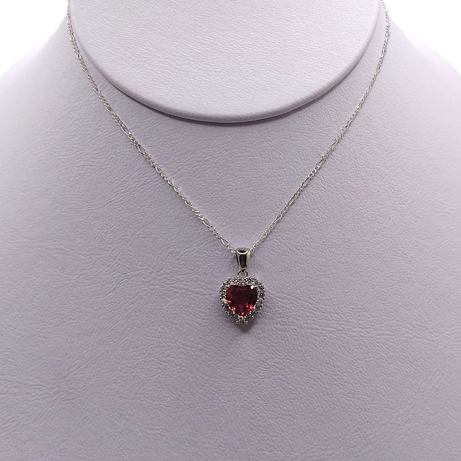 GARGANTILLA  18&quot; CADENA FIGARO DIJE CORAZON CZ  ROJA  PLATA .925